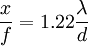  \frac{x}{f} = 1.22 \frac{\lambda}{d}